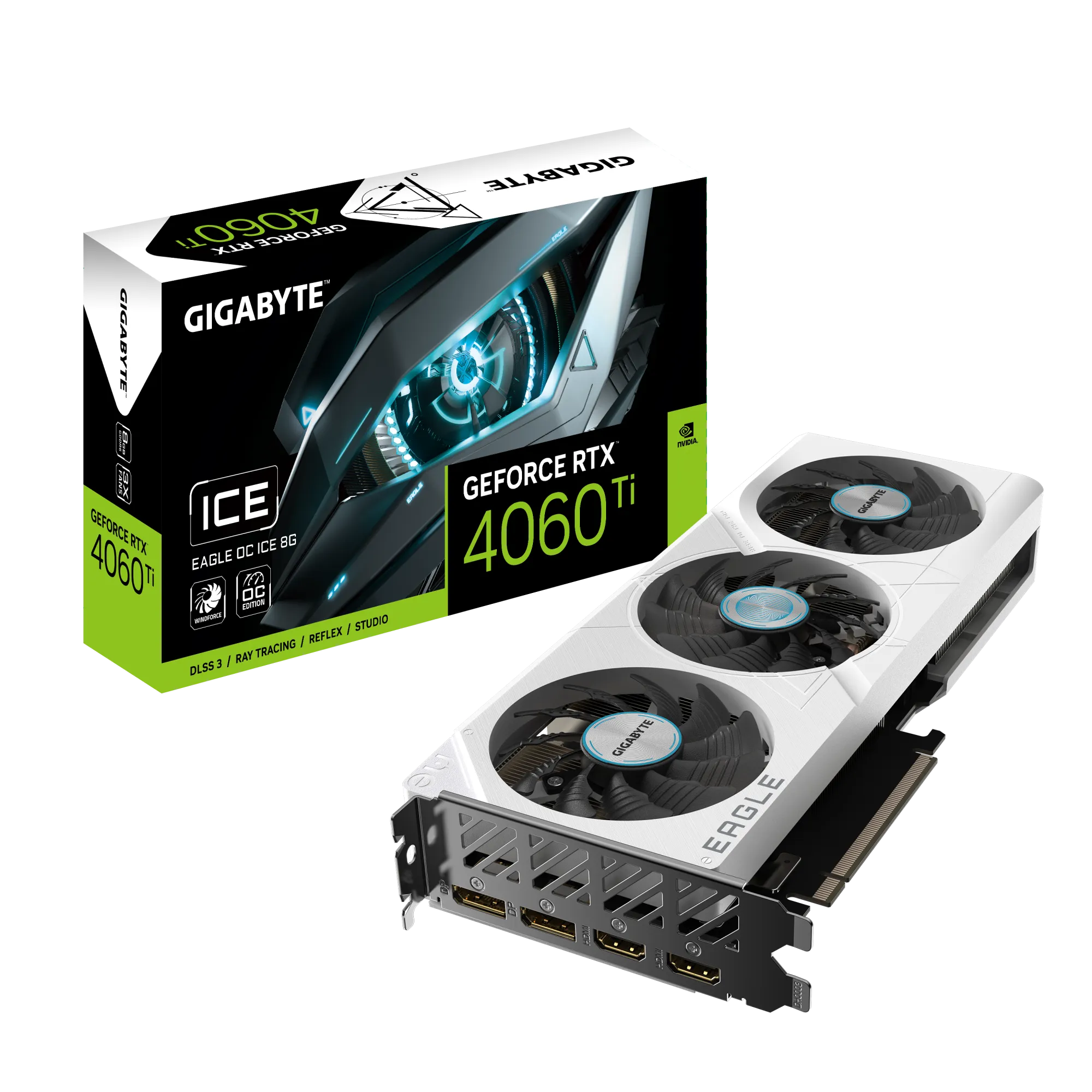 GIGABYTE GeForce RTX 4060 Ti EAGLE OC ICE 8G Graphics Card - 8GB GDDR6, 128bit, PCI-E 4.0, 2550MHz Core Clock, 2 x DisplayPort 1.4a, 2 x HDMI 2.1a, NVIDIA DLSS 3, GV-N406TEAGLEOC ICE-8GD, GeForce RTX 4060 Ti, 8 GB, GDDR6, 128 bit, 7680 x 4320 pixels, PCI Express x8 4.0