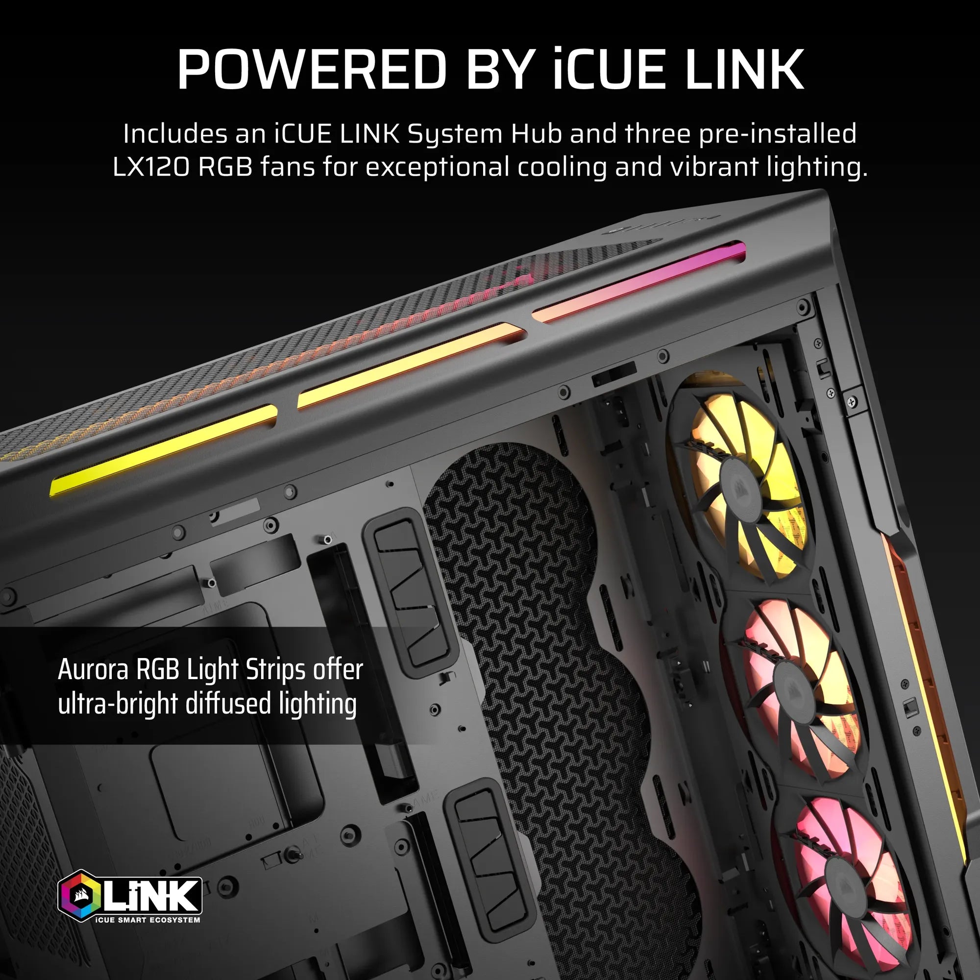 Corsair iCUE LINK 5000T LX RGB, Midi Tower, PC, Black, ATX, EATX, micro ATX, Mini-ITX, Plastic, Steel, Tempered glass, Gaming
