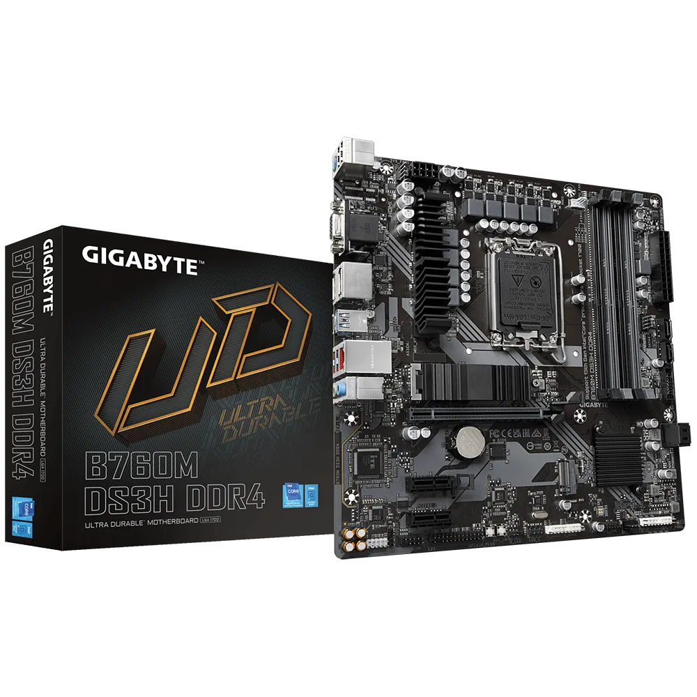 GIGABYTE Intel® B760 Chipset for 12th/13th Gen LGA 1700; 4x DDR5; 2x M2; VGA/HDMI/DP x2; mATX. 