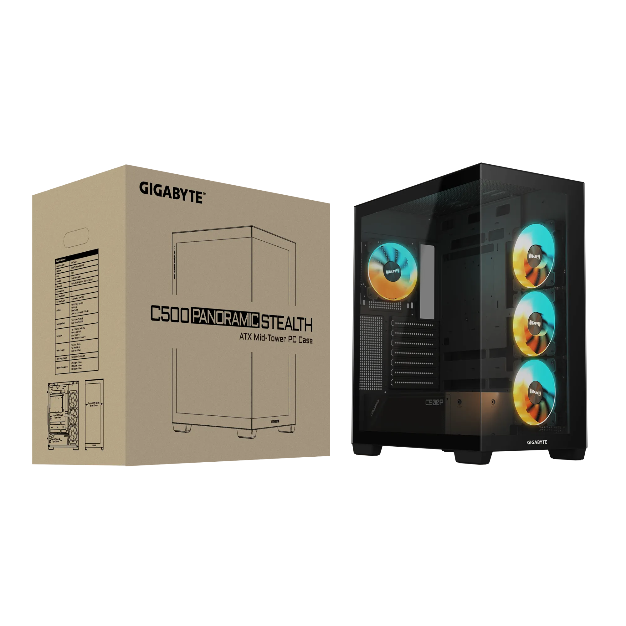 Gigabyte C500 Panoramic Stealth ATX Chassis; 1x 3.5'' | 2x 2.5'' Drive Bays; 360mm Radiator compatible; 4x 120mm ARGB fan incl; 