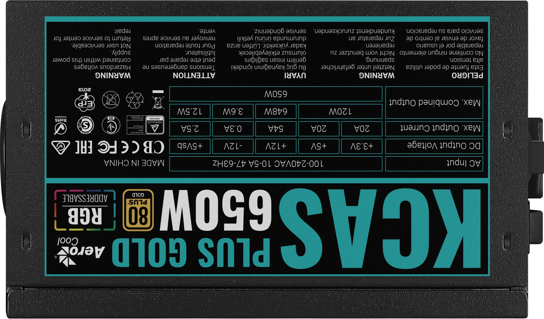 Aerocool KCAS PLUS Gold 650W RGB PSU - ATX 24 PIN; 2x 4+4PIN CPU; 6x SATA; 3x PATA; 2x PCIe 6+2PIN. 