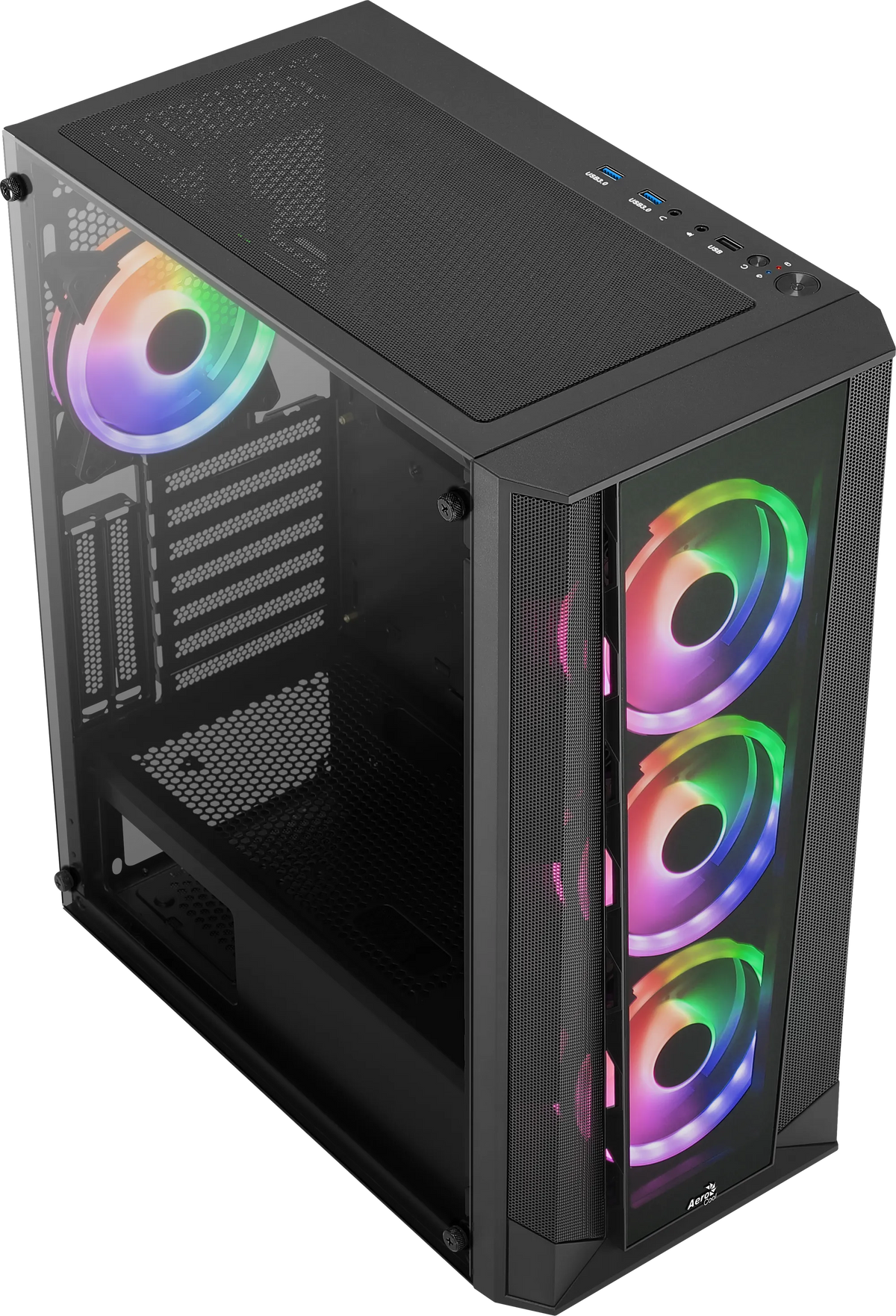 Aerocool Prism ARGB Black Mid tower case - 120mm ARGB Fan x 4; 6-port ARGB control hub - ATX - 2x 2.5'' or 2x3.5'' - 360 Radiato