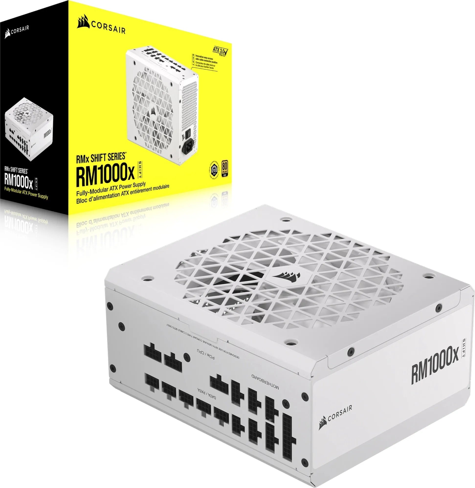 Corsair RM1000x Shift White  —1000 Watt 80 PLUS Gold;10yr Warranty. ATX (1); EPS (2);PCI-E (4);12VHPWR (1);PATA (8);SATA (12)