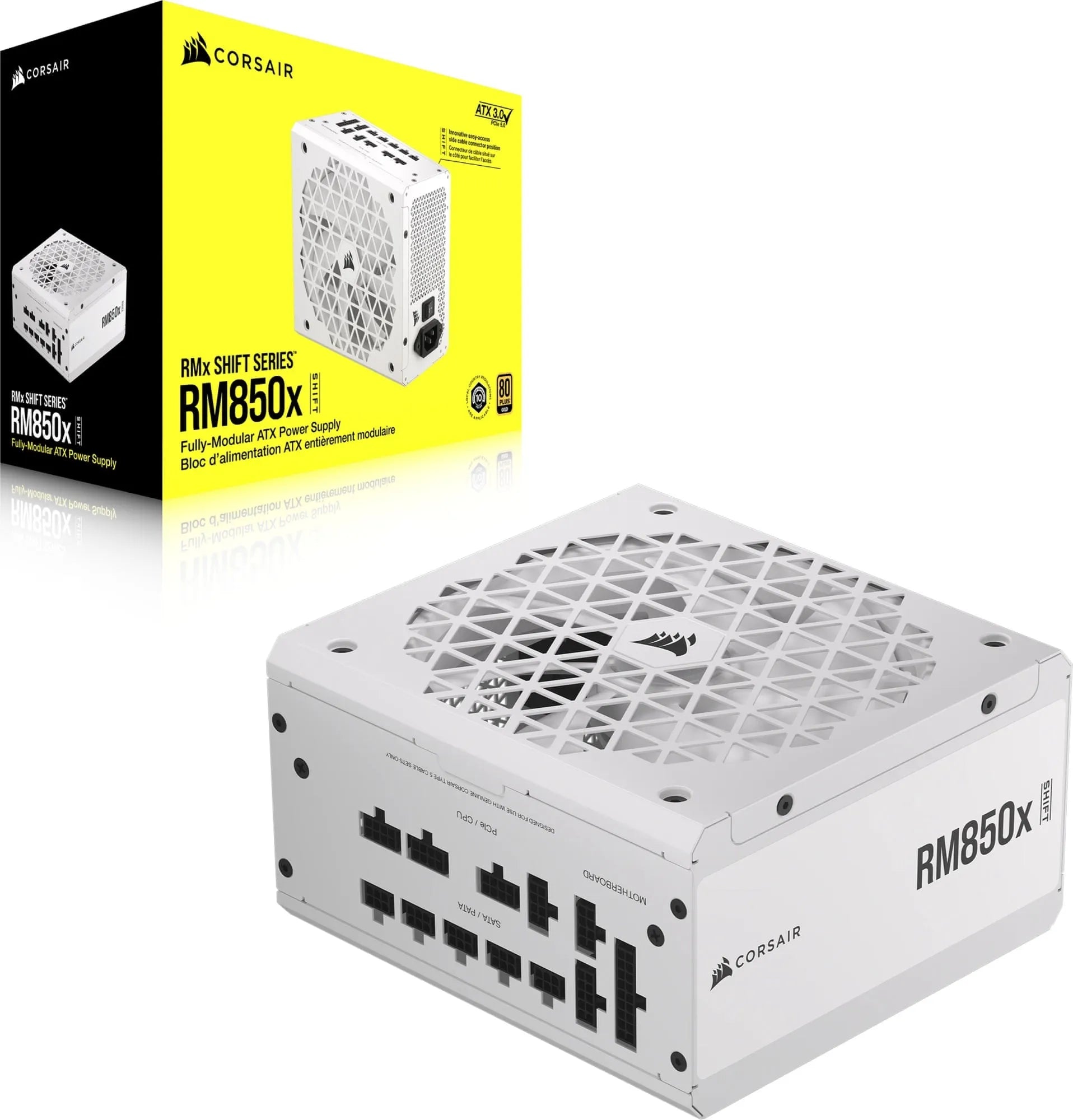 Corsair RM850x Shift White — 850 Watt 80 PLUS Gold;10yr Warranty. ATX (1); EPS (2); PCI-E (4);12VHPWR (1); PATA (8);SATA (12)