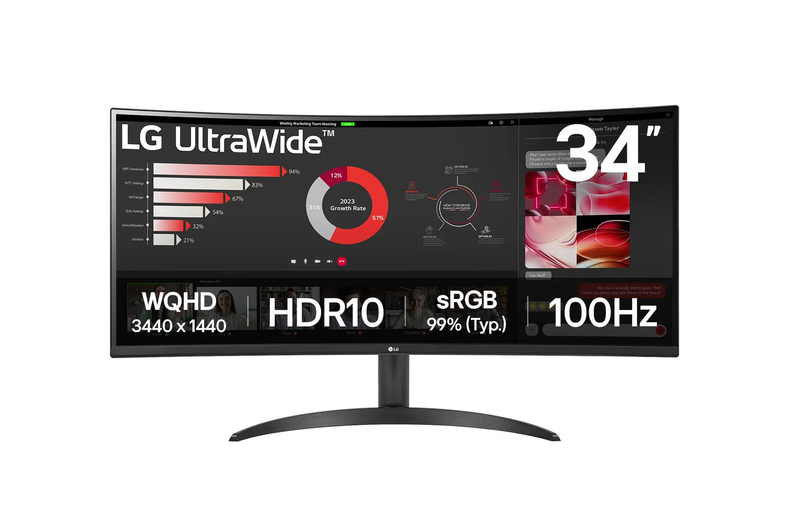 LG UltraWide 34'' QHD VA Curved Monitor 100Hz; 3440x1440 VA; Screen Split Software (Download); HDMI; Display Port; Tilt