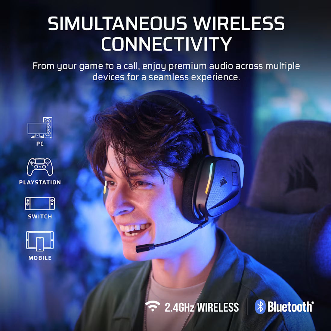 Corsair VOID v2 MAX WIRELESS Gaming Headset; Simultaneous 2.4GHz and Bluetooth; Dobly Atmos; PC/Playstation/Mobile; Carbon.